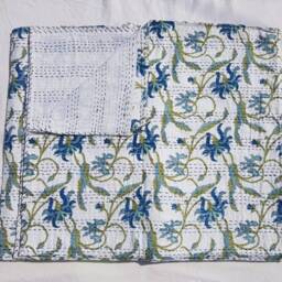 Handmade Floral Kantha Quilt Indian Queen Size Cotton Bedspread - thumbnail 2