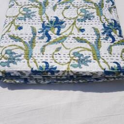 Handmade Floral Kantha Quilt Indian Queen Size Cotton Bedspread - thumbnail 4