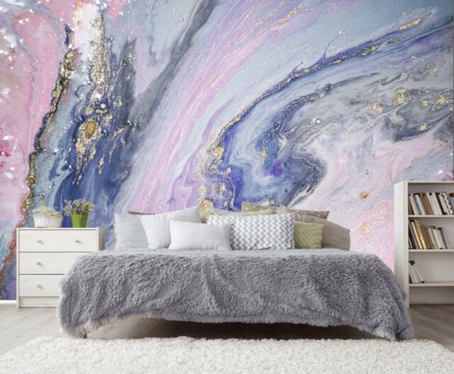 Baby Pink Silver Navy Blue Luxury Waves Marble Wallpaper Glitter Wall Decor Ceiling Wall Mural Bedroom Fluid Murals Customizable