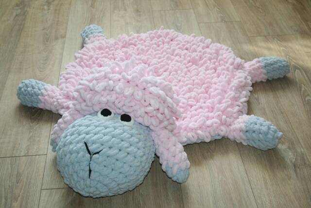 Plush Sheep Nursery Rug, Soft Chunky Knit Lamb Floor Mat, Pink & Blue Tummy Time Baby Shower Gift For Newborn - image 1