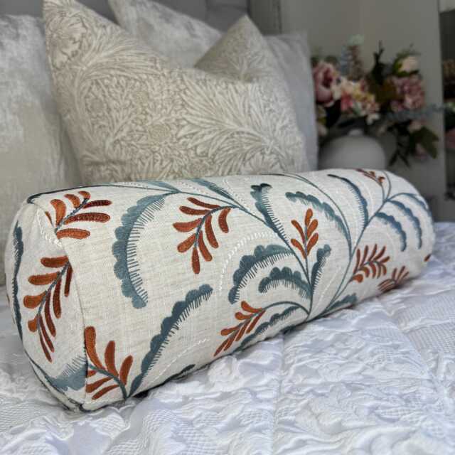 "Embroidered Leaf Design Cushion, Decorative Bolster Cushion 16"" X 6"