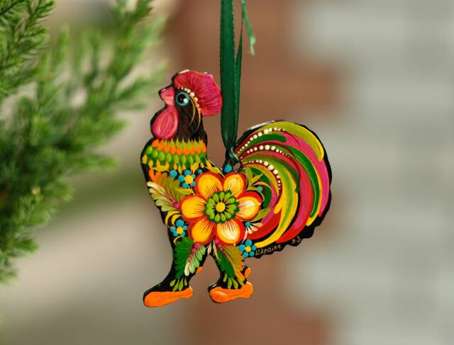 Rooster Christmas Ornament, Ukrainian Decoration, Petrykivka Flower Wooden Farmhouse Animal Ornament - image 1