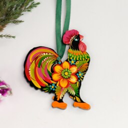 Rooster Christmas Ornament, Ukrainian Decoration, Petrykivka Flower Wooden Farmhouse Animal Ornament - thumbnail 2