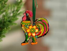 Rooster Christmas Ornament, Ukrainian Decoration, Petrykivka Flower Wooden Farmhouse Animal Ornament - thumbnail 1