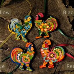 Rooster Christmas Ornament, Ukrainian Decoration, Petrykivka Flower Wooden Farmhouse Animal Ornament - thumbnail 3