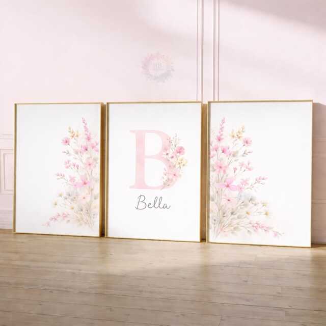 Girls Wildflower Nursery Prints - Personalised Pink Botanical Set, Floral Girl Bedroom Wall Art - image 1