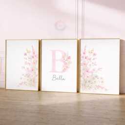 Girls Wildflower Nursery Prints - Personalised Pink Botanical Set, Floral Girl Bedroom Wall Art