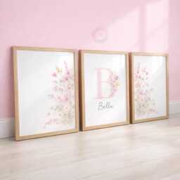 Girls Wildflower Nursery Prints - Personalised Pink Botanical Set, Floral Girl Bedroom Wall Art - thumbnail 2