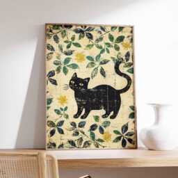 Vintage Black Cat Wall Art Print, Retro Botanical Poster, Rustic Distressed Illustration, Farmhouse Animal Decor - thumbnail 1