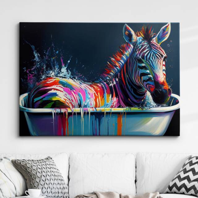 Zebra in The Tub Abstract Oil Painting Canvas Art Funky Wall Art, Framed Poster Print, Home/Office Room Decor, Gifts - image 1