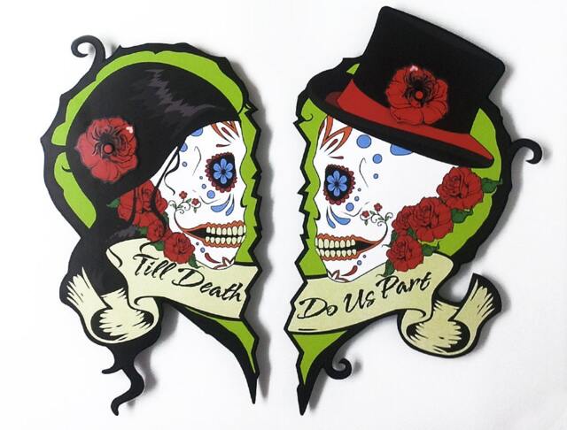 Set Of 2 Parts Till Death Do Us Part Wedding - Sugar Skull Dia De Los Muertos Calavera Wall Clock Deco - image 1
