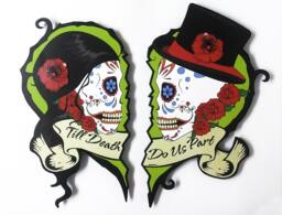 Set Of 2 Parts Till Death Do Us Part Wedding - Sugar Skull Dia De Los Muertos Calavera Wall Clock Deco