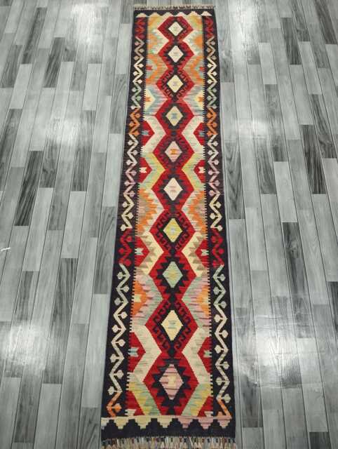 Heritage Runner Rug, Handmade Artisan Afghan Turkish Scandinavian Navajo Bohemian Flatweave Wool Multicolour Kilim Rug 294x64 cm - image 1