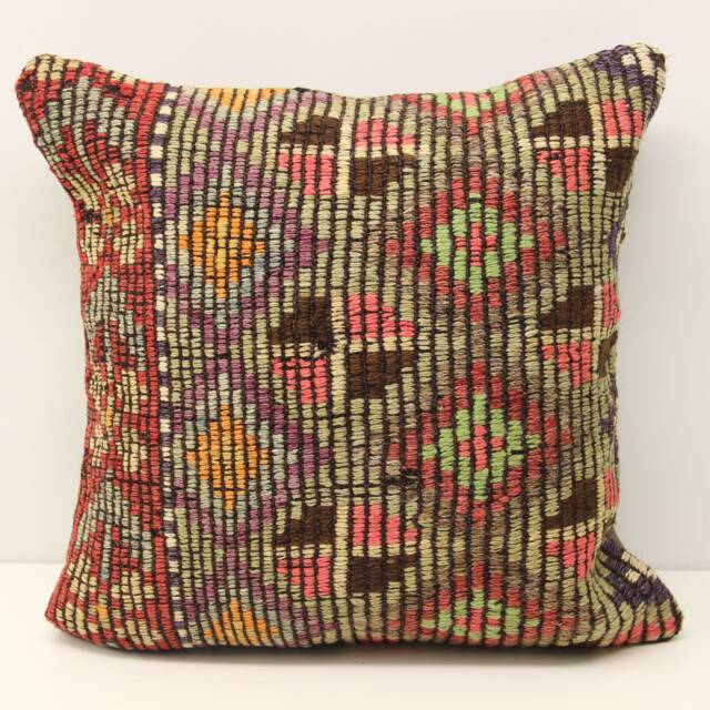 Vintage Anatolian Kilim Pillow Cover, Wool Chevron Throw - 18x18 - image 1