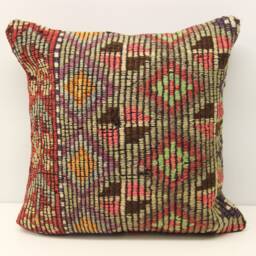 Vintage Anatolian Kilim Pillow Cover, Wool Chevron Throw - 18x18 - thumbnail 1