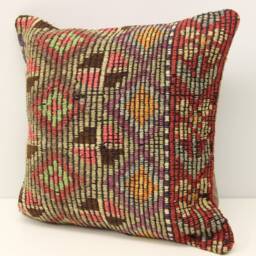 Vintage Anatolian Kilim Pillow Cover, Wool Chevron Throw - 18x18 - thumbnail 3