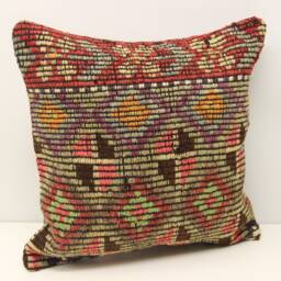 Vintage Anatolian Kilim Pillow Cover, Wool Chevron Throw - 18x18 - thumbnail 2