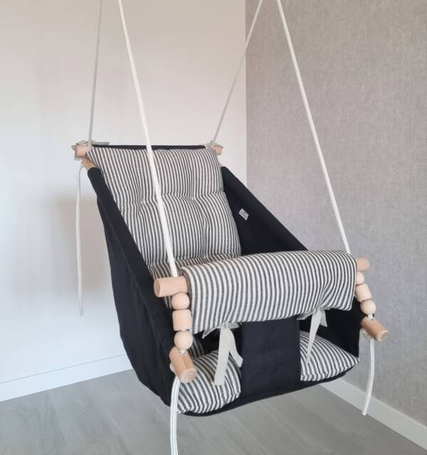 Black Linen Kids Hammock Swing, Nursery Hanging Chair - image 1