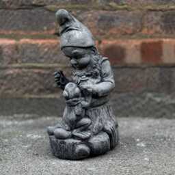 Stone Gnome With Frog Sculpture Outdoor Feeding A Statue Concrete Troll Figurine Animal Ornament Gnome Lover Gift Frog Yard Art - thumbnail 2