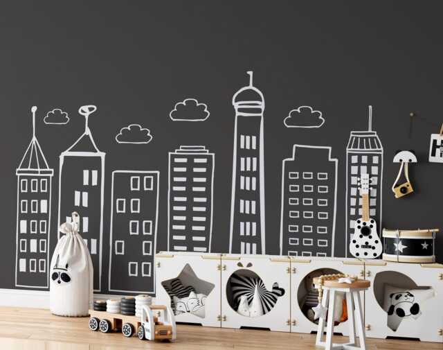 Large Doodled City Skyline Wall Decals Nursery Kids Room Decor, Hand Drawn Buildings Stickers - image 1
