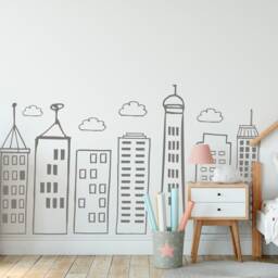 Large Doodled City Skyline Wall Decals Nursery Kids Room Decor, Hand Drawn Buildings Stickers - thumbnail 4