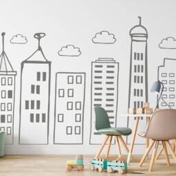 Large Doodled City Skyline Wall Decals Nursery Kids Room Decor, Hand Drawn Buildings Stickers - thumbnail 3