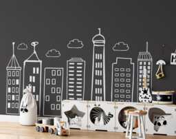 Large Doodled City Skyline Wall Decals Nursery Kids Room Decor, Hand Drawn Buildings Stickers - thumbnail 1