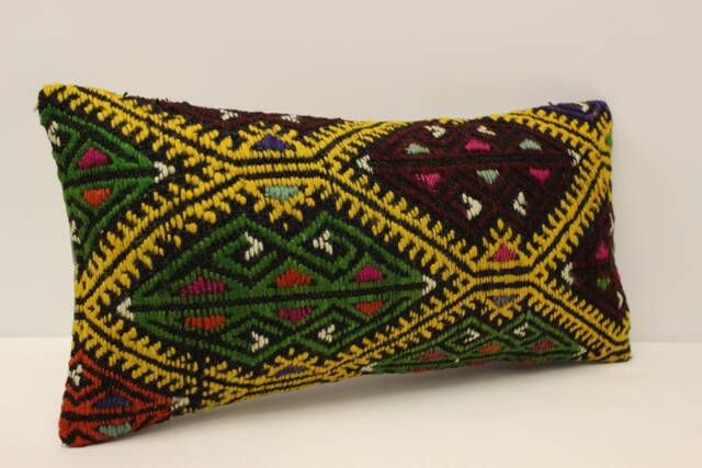Vintage Kilim Lumbar Pillow, Hand Woven Wool Cushion - 10x20 In - image 1