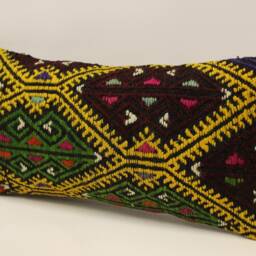 Vintage Kilim Lumbar Pillow, Hand Woven Wool Cushion - 10x20 In - thumbnail 3