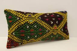 Vintage Kilim Lumbar Pillow, Hand Woven Wool Cushion - 10x20 In - thumbnail 1