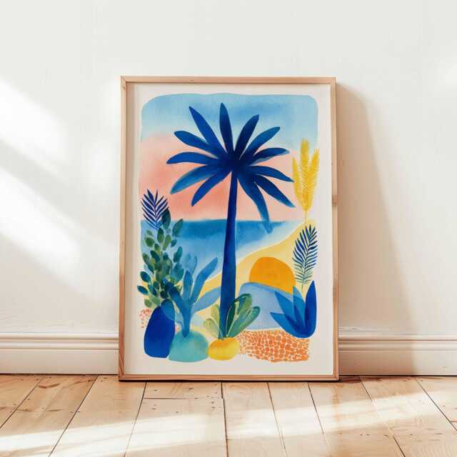 Tropical Palm Tree Poster, Colorful Sunset Beach Wall Art, Vibrant Coastal Landscape Print, Summer Decor, Jungle Illustration - image 1