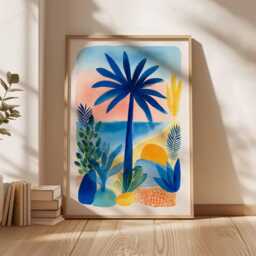 Tropical Palm Tree Poster, Colorful Sunset Beach Wall Art, Vibrant Coastal Landscape Print, Summer Decor, Jungle Illustration - thumbnail 2