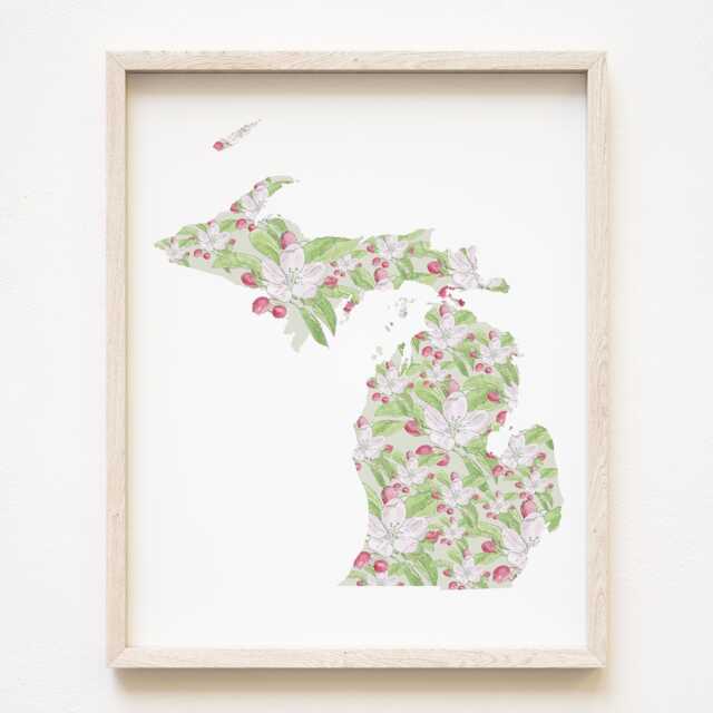Michigan State Flower Map Watercolor Apple Blossom - Art Print Wall Graduation Wedding Anniversary Realtor Moving Gift Great Lakes - image 1