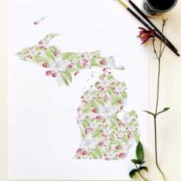 Michigan State Flower Map Watercolor Apple Blossom - Art Print Wall Graduation Wedding Anniversary Realtor Moving Gift Great Lakes - thumbnail 2