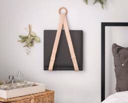 Leather Hanging Magazine Holder, Wood Accent, Wall Decor, Made in Us