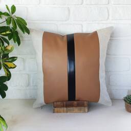 Color Block Pillow Cover Saddle Tan Faux Leather, Black Or White - 16x16'' - thumbnail 3