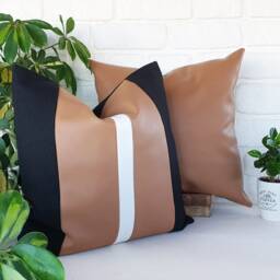 Color Block Pillow Cover Saddle Tan Faux Leather, Black Or White - 16x16'' - thumbnail 2