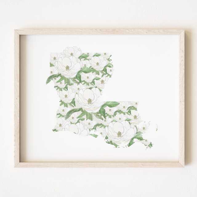 Louisiana State Flower Map Watercolor Magnolia - Art Print Wall Graduation Wedding Realtor Moving Gift Southern Floral New Orleans - image 1