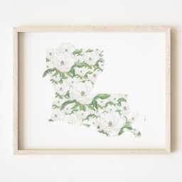 Louisiana State Flower Map Watercolor Magnolia - Art Print Wall Graduation Wedding Realtor Moving Gift Southern Floral New Orleans - thumbnail 1