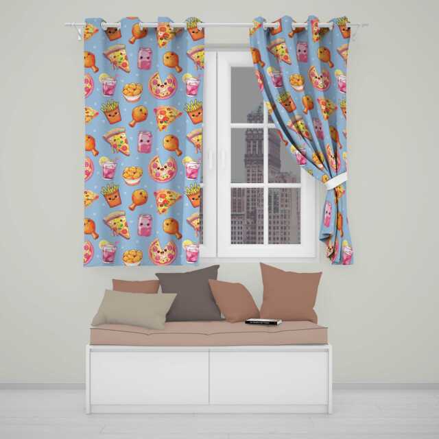 Cute French Fries Seamless Pattern Blue Background Readymade Eyelet Ring Top Thermal 100% Blackout Curtains - image 1