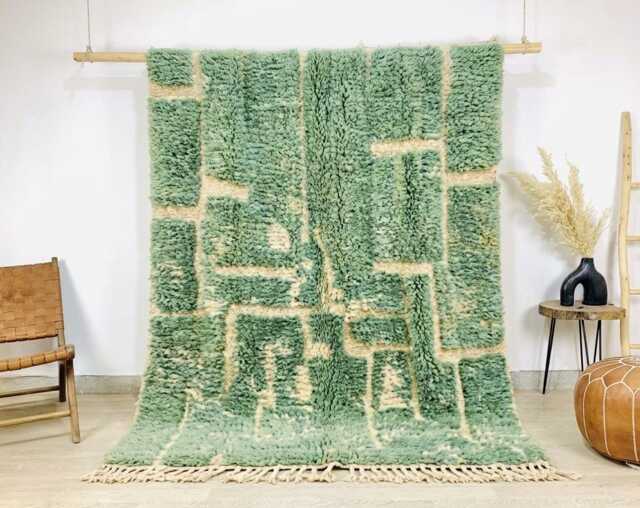 Moss Green Abstract Shag Rug - Contemporary Berber Design Large Area Living Room Handmade Moroccan Wool Carpet Rugs - image 1