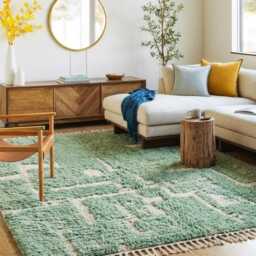 Moss Green Abstract Shag Rug - Contemporary Berber Design Large Area Living Room Handmade Moroccan Wool Carpet Rugs - thumbnail 3