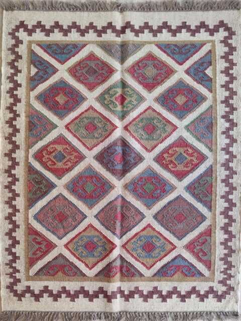 Handwoven Wool Jute Flatweave Rug - Multicolor Tribal Diamond Kilim Carpet For Living Room & Bedroom - image 1
