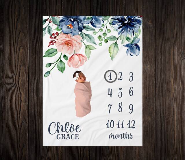 Pink & Blue Floral Milestone Blanket, Baby Shower Gift, Keepsake Girl Wreath Blanket - image 1