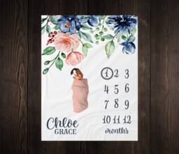 Pink & Blue Floral Milestone Blanket, Baby Shower Gift, Keepsake Girl Wreath Blanket