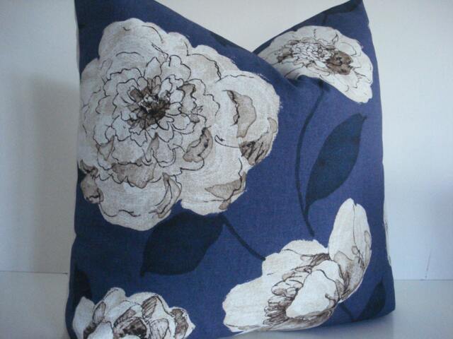 Navy Floral Pillow Cover - Modern Cream & Brown Flowers, Both Sides - image 1