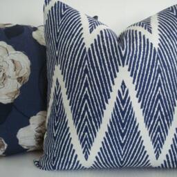 Navy Floral Pillow Cover - Modern Cream & Brown Flowers, Both Sides - thumbnail 3