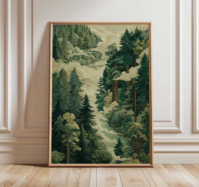Forest Fog Poster - Misty Pine Trees Wall Art Green Woodland Landscape Print - image 1