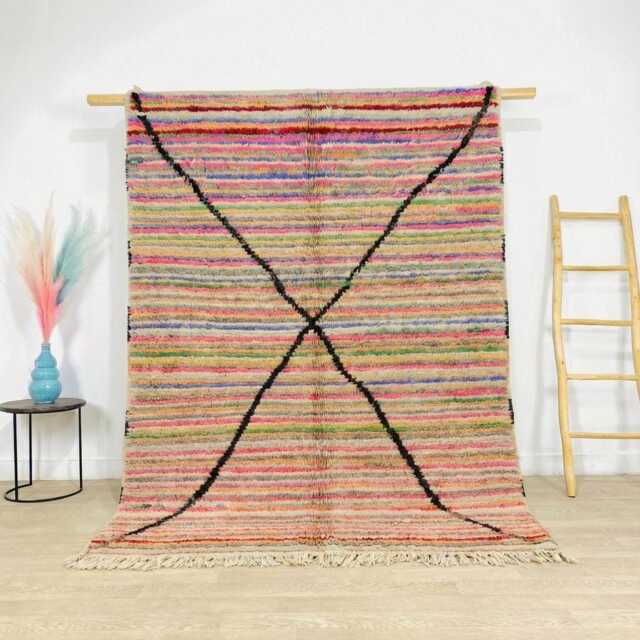 Multicolor Berber Moroccan Rug, Handwoven Wool Shag Rug With Black Crossed Lines, Authentic Beni Ourain Carpet, Large Area - image 1