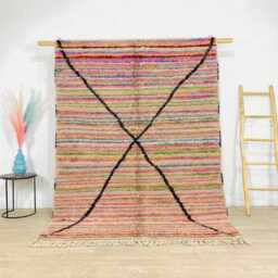 Multicolor Berber Moroccan Rug, Handwoven Wool Shag Rug With Black Crossed Lines, Authentic Beni Ourain Carpet, Large Area - thumbnail 1